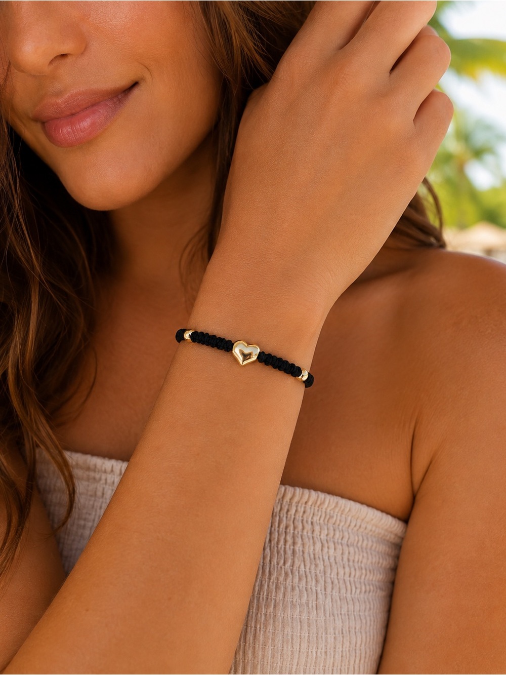 Handmade Black Macrame Stainless Steel Puffed Heart Adjustable Bracelet Artisan